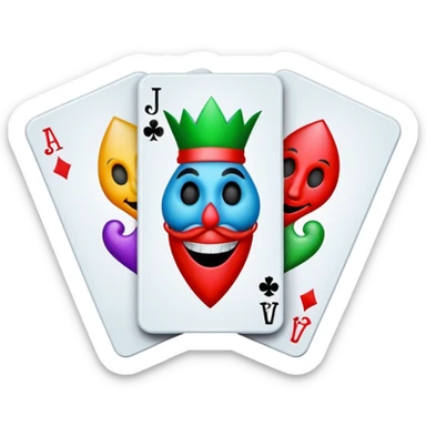 bunch of 3 poker cards, with crazy colorful jolly jokers inside, inversed face sticker