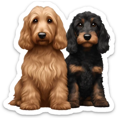 Brown goldendoodle medium size and black and tan and cream longhair dachshund sitting together  sticker
