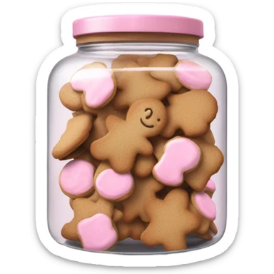 Realistic glass cookie jar with light pink lid full of gingerbread cookies isolated.  sticker