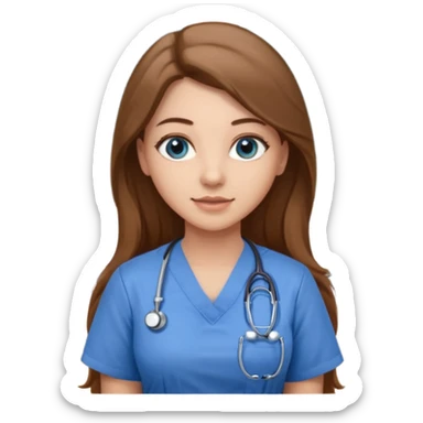 inside a classroom at university that says nursing school on the board with a pretty female nursing student with long brown hair, blue eyes sticker