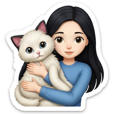 A girl with long black  hair tightly hugged a Ragdoll sticker