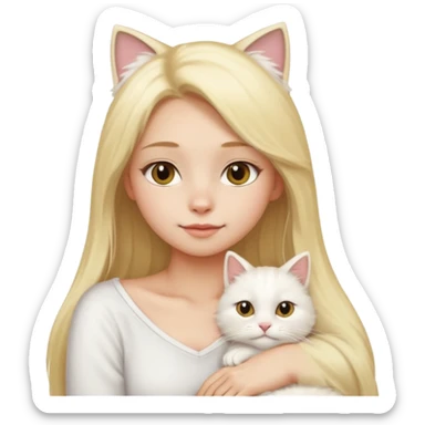 a girl with long blonde hair and a white fluffy cat lying on her left shoulder and neck, emoji style sticker