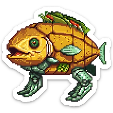 a cyborg robotic salmon who's torso is made from a filled crunchy taco, with lettuce salsa meat and cheese. he is fish taco bot man his face and head, tail, and fins are metallic robotic construction, he has a slit visor across his face where his eyes should be like cyclops sticker