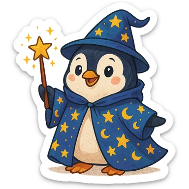 a cartoon penguin wizard with a starry cloak and wand, whimsical and colorful character illustration sticker