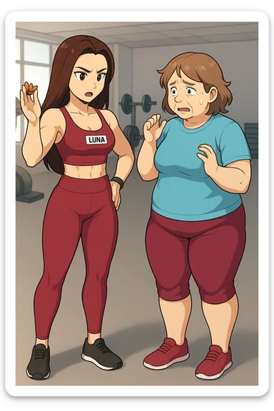 prendi spunto da queste immagini per fare: fai un webtoon/manga a colori con questa personal trainer (falle la scritta "LUNA" SU UNA TARGHETTA APPOSTA SUL TOP SPORTIVO CHE HA), che parla IN PALESTRA con una sua cliente che ha cellulite ed è leggermente in sovrappeso. LA SIGNORA è IN ABITI SPORTIVI E ascolta la trainer con attenzione guardandola allarmata. LUNA le dice di stare attenta mentre le mostra con espressione di rimprovero una manciata di mandorle. NON FARE I FUMETTI, FAI SOLO LORO COME SE DIALOGASSERO. FAI LE DUE FIGURE A FIGURA INTERA CON IL CORPO INTERAMENTE VISIBILE sticker