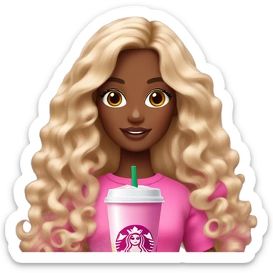 Barbie girl with brown and blonde ombré long curly hair holding Pink starbucks refresher sticker