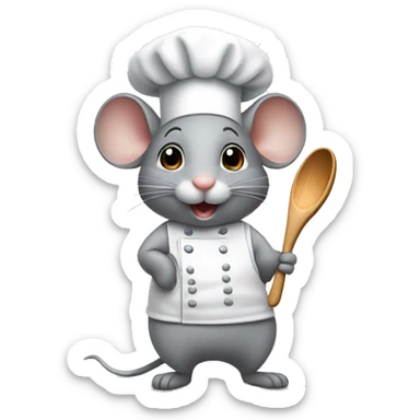 cute grey mouse wearing a chef’s hat holding a wooden spoon sticker