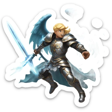 angel vs demon in a lively fight mid flight with swords and armor and lightning sticker