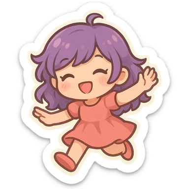 chibi girl with purple hair, dancing, cute chibi stickers illustration style sticker