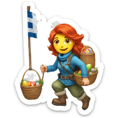 red hair female winter mountaineer climbing with Easter eggsbasket and Greek flag sticker