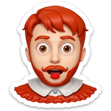 funny theater actor portrait, head and shoulders only, covered in tomato sauce, shocked wide eyes, awkward smile, stage costume collar, 3D cartoon, mobile game icon style, clean background, no text, no watermark
 sticker