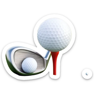 A golf ball on a tee with a golf club placed beside it, set against the backdrop of a well-manicured green golf course. The scene emphasizes the equipment and serene atmosphere of the sport, with soft lighting and a peaceful, open landscape sticker