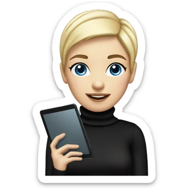 women with blond pixie cut, blue eyes wearing black turtleneck, holding and ipad sticker