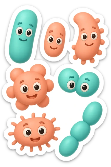 EMOJI STILE IPHONE DI 6 SPECIE DI BATTERI INTESTINALI ROSA SALMONE E TURCHESI DIVERSI TRA LORO PER FORMA, FLUTTUANO IN ARIA, IPERREALISTICO 4K sticker