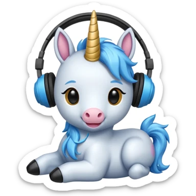 Unicornio bebé azul sentado escuchando música con auriculares negros sticker