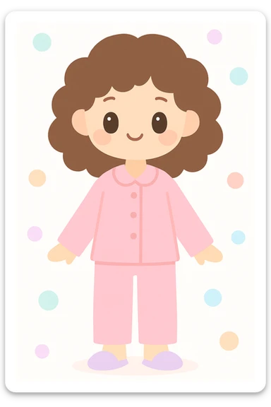cute style young woman with curly brown hair wearing pink pajamas, minimalist background sticker