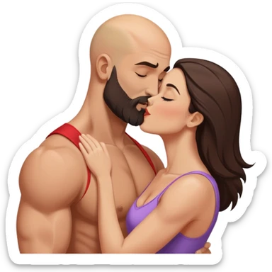 Muscular Bald man with a beard passionately kissing his young fit brunette wife  sticker