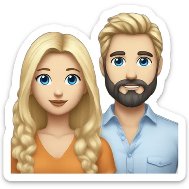 A woman with blue eyes and long blond with a man dressed in a Bitcoin-themed shirt dark hair andbeard.cradle an white Siberian cat with blue eyes. sticker