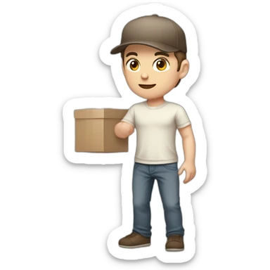 Pale skinned fit Man with dark brown hair in a beige cap, gray jeans, brown polo and white T-shirt keeping a pasted with tape white box into his hands sticker