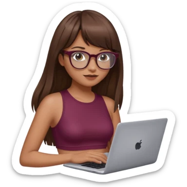 Una chica con cabello súper largo con flequillo color marrón y gafas con estilo de periodista súper top, también agrega una lapso en sus manos, también que su vestimenta sea un crop top color vino sticker