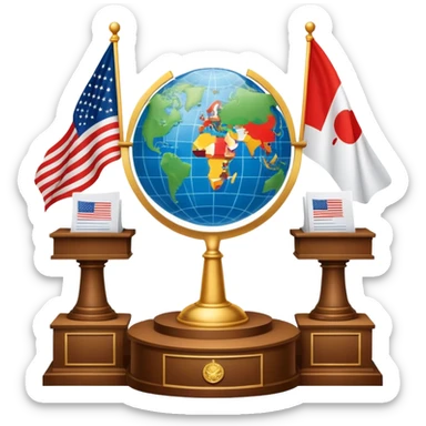icon featuring podium with a speaker, national flags, and voting ballots, symbolizing political science. The design includes a globe and scales of justice in the background, representing governance, global affairs, and political theory. Transparent background emphasizes civic engagement and policy. sticker