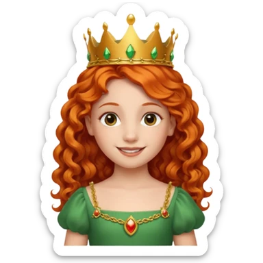 girl kid, Princess with long curly red orange hair, green dress, small crown sticker