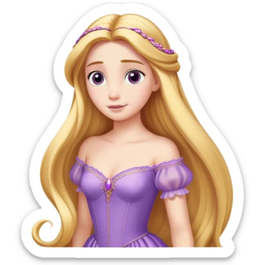 Cinematic Elegant Rapunzel Portrait Emoji, rendered in a realistic, vector-style with minimal shading and bold, simplified shapes. Depict Rapunzel (chest and above) with fair, porcelain skin, long, flowing golden hair cascading gracefully, and soft, gentle eyes, wearing her iconic light purple gown. The image glows with a soft, enchanting radiance and high shine, capturing timeless fairy-tale beauty. sticker