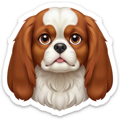 Cinematic Grumpy Blenheim Cavalier King Charles Spaniel Portrait Emoji, Head tilted slightly with a deeply unimpressed expression, thick Blenheim coat with pronounced chestnut and white markings, large, droopy brown eyes narrowed into an unamused glare, ears slightly drooping in exasperation, Simplified yet comically expressive features, highly detailed, glowing with a dry, sarcastic glow, high shine, effortlessly judgmental yet dignified, stylized with a touch of cynicism, bright but brooding, soft glowing outline, capturing the essence of an eternally unimpressed yet endearing companion, so lifelike it feels like it could sigh heavily at you in disdain at any moment! sticker