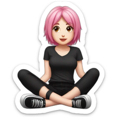 Full body Front view curvy emo girl pink hair sits on the floor straight view hands up black skirt белые трусики рваные полосатые чулки sticker