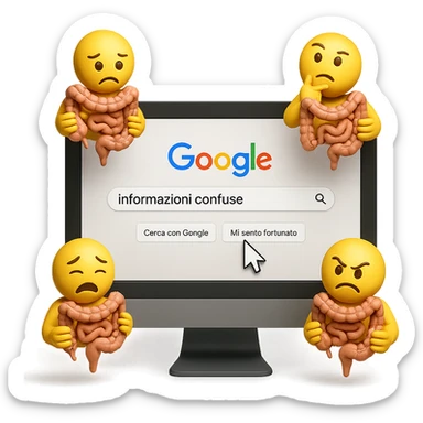 SCHERMO DI PC CON LA SCRITTA "informazioni confuse" SULLA BARRA DI RICERCA GOOGLE SULLO SCHERMO E IL CLICK DEL MOUSE SULLA SCRITTA CERCA, stile emoji iphone fluttuano in aria stringendo in mano un pezzo di colon intestinale, iperrealistico 4k sticker