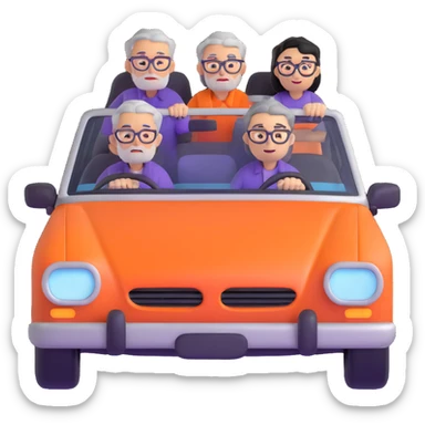 orange car front view with three people visible through windshield: driver with purple shirt and stubble, front passenger with gray hair and glasses, back passenger with black hair and glasses sticker