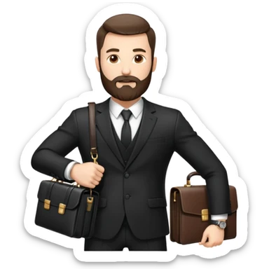 A handsome man, 40+ years old, with a thick beard in a black suit, fair skin, short stylish haircut, full-length photo, wearing an expensive watch, unusual pose, holding a briefcase, pumped up, super realistic emoji sticker