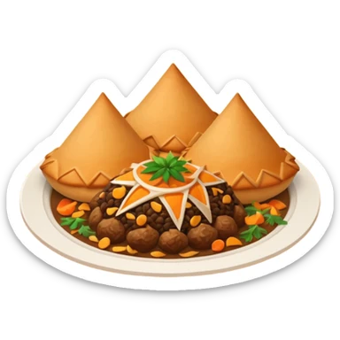 Uzbek cuisine humanless avatar in bright emoji-style illustration. Classic dishes like plov and samsa, warm golden and earthy tones, simple shapes, flat design, high contrast, friendly and appetizing. sticker