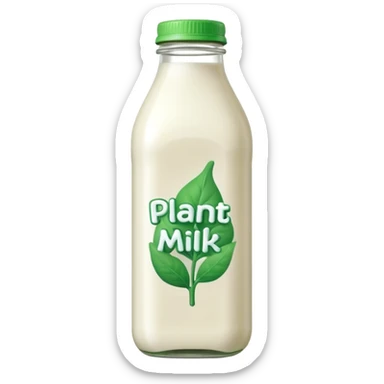 A 3D cartoon bottle of plant-based milk identical to dairy milk, small green tint or leaf mark, Memoji-style. sticker