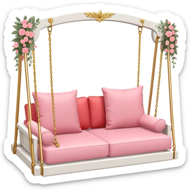 Romantic white wooden pastel-red-pink cushions couch-swing with tiny gold flowers around sticker