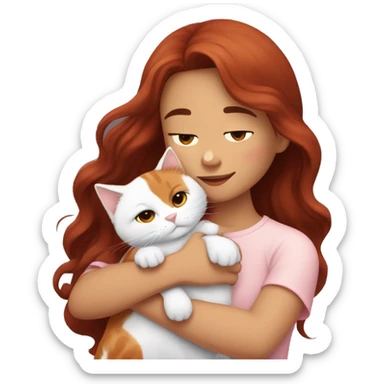 girl with long very dark red wavy hair and dark brown eyes and light pink outfit hugging a white & ginger cat  sticker