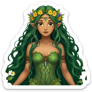 Cinematic Realistic Forest Nymph Fairy Portrait, depicted with lifelike, sun-kissed tanned skin that radiates an earthy glow, softly illuminated by natural, dappled light. Her long, flowing dark green hair is intricately detailed and interwoven with delicate vines and wildflowers, while her deep, soulful eyes mirror the wisdom of the forest. Dressed in an attire inspired by nature’s palette—with subtle botanical motifs—the portrait exudes a soft, enchanted glow that melds realism with woodland magic showing her large butterfly wings from her back. sticker