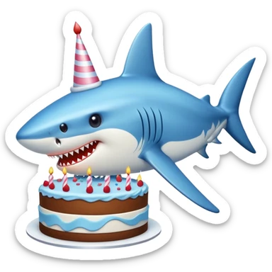 blue shark with puckered lips directly kissing a birthday cake, clear kissing action sticker