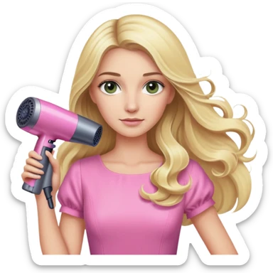 blonde with long hair, swamp eyes, pink dress, holding Dyson hair dryer sticker