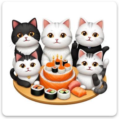 Group of nine cats having sushi at a birthday celebration sticker