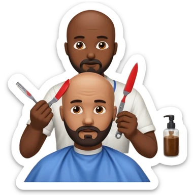 A bald man with a dark brown beard cutting someone’s hair at a barber shop and the other one is eating a poop sticker