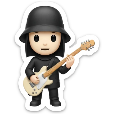 Minimalist chibi emoji of Buckethead: tiny body, oversized bucket helmet, simple black clothes, holding a guitar, spooky-cool but adorable sticker