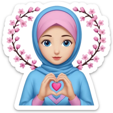 Turkish beautiful finish Konya girl blue eyes with mini cherry blossom hijab and lila blue pink dress and she make heart with hands sticker