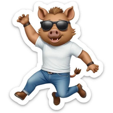 friendly anthropomorphised boar in jeans and a t-shirt, wearing dark sunglasses, jumping pose sticker