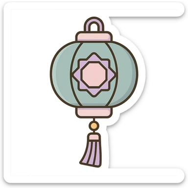 Chinese lantern like the reference with geometric ornament and tassel, in icon-color-outlined style. Not minimalist, no floral decor, detailed shadows and highlights, thin clean contours, soft rounded shapes, pastel palette #98B5BC, #B5B3C1, #C9A3C9, #E4C0CA, #F7DCD1, #F7C0AA. Modern Japanese pop art and sticker aesthetics, high detail, vector sharpness, soft lighting, transparent background. sticker