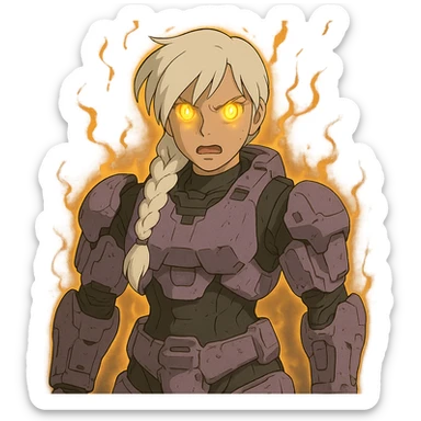 female, wearing reach spartan armor shoulder-unequip, long white braid hair with massive messy front side single bangs, gold yellow eyes, attention pose, D-cup size, HALO:series, no helmet, the armor is lavender color scheme, eyes glowing, demon eye, gleam, rage aura, body steaming sticker