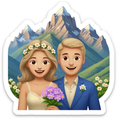 Couple  laughing traveling russian man and elegant  Latina girl delicate flowers and mountains in the background  sticker