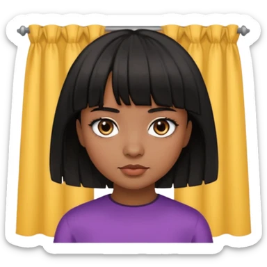 Girl that has a short black hime cut with curtain bangs, then dark brown eyes, and has a bit brown skin sticker
