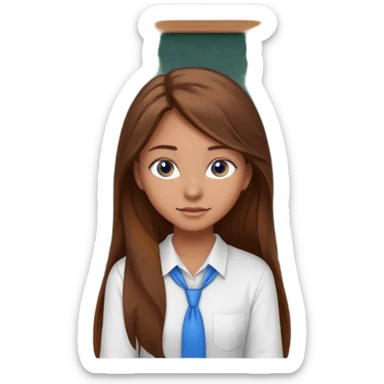 high school class room with a pretty female high school student with long brown hair, blue eyes sitting in front of the blackboard sticker