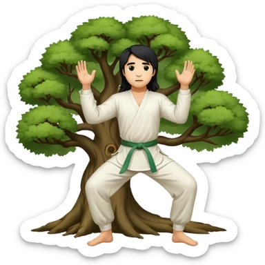 pratiquant de qi gong, homme aux cheveux long, en position de l'arbre, en tenue noire ou blanche. L'image ne contiendra pas d'arbre sticker
